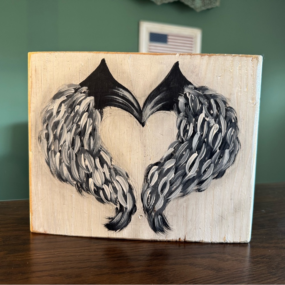 Handcrafted angel wings Heart on Wood